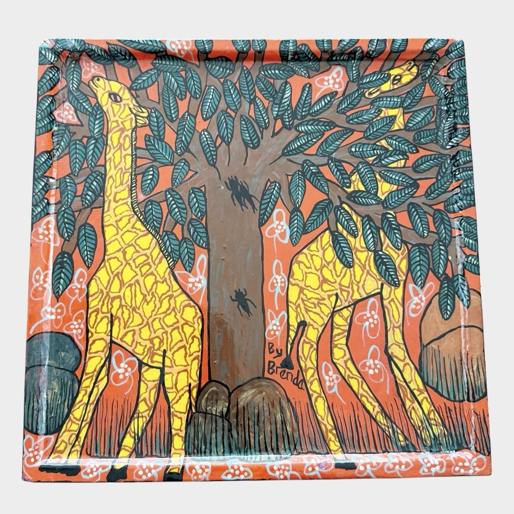 Folk Art Giraffe Animal Wood Painting Wall Hanging By African Artist 12.75x12.75